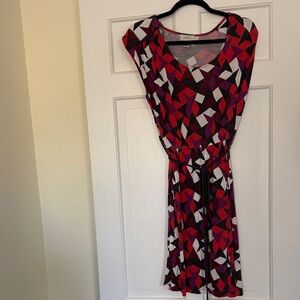 LOFT Geometric Cap-Sleeve Dress in Red, Purple & Black